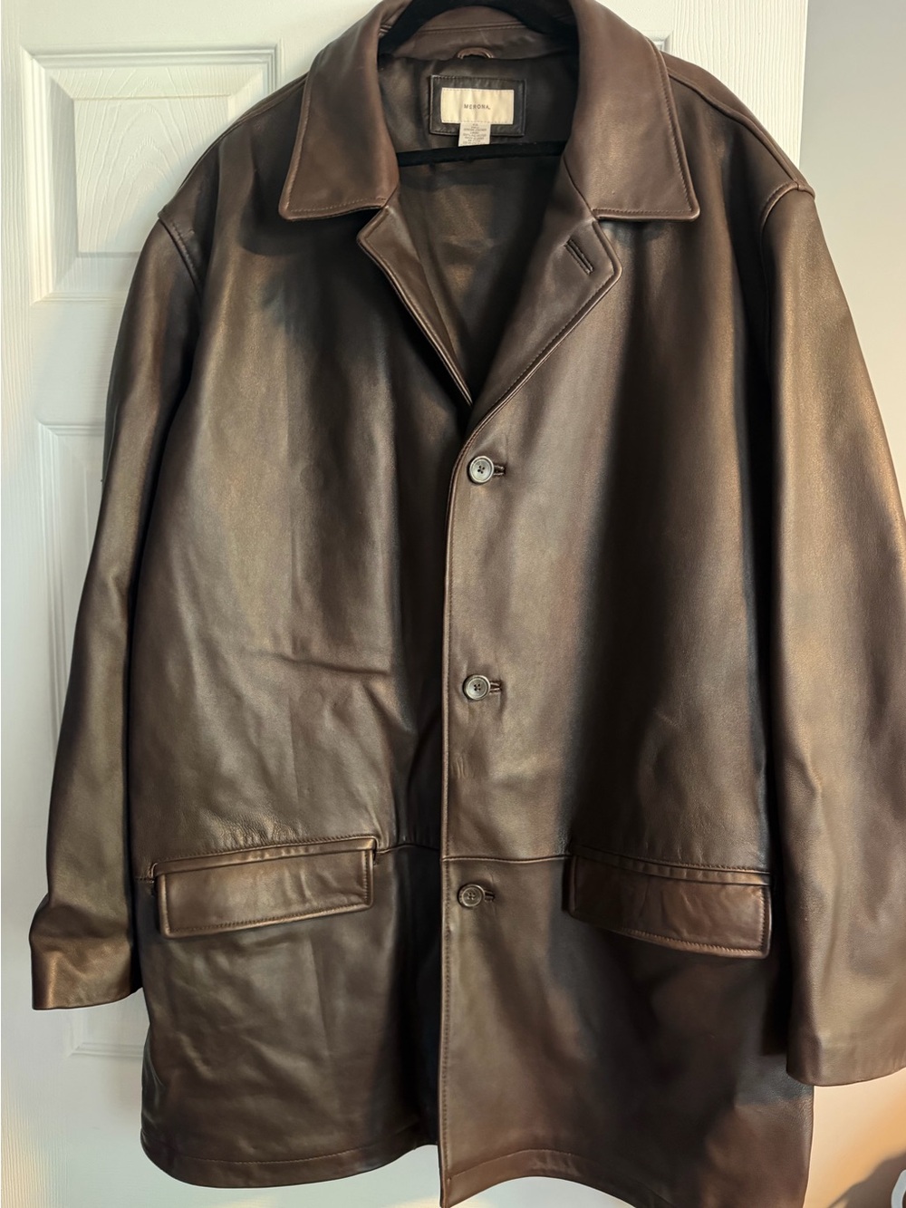 Men's Brown Faux Leather Coat Jacket - Classic Button Front